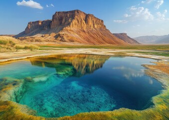 Fototapeta premium Serene Landscape with Clear Blue Water Pool Reflecting Rocky Mountain Under Bright Sky, Showcasing Nature's Beauty and Tranquility in a Unique Location