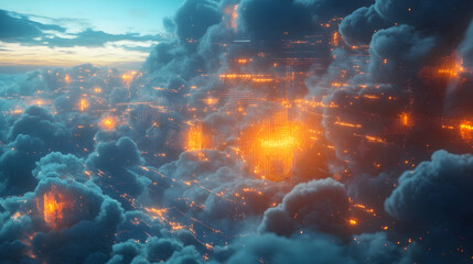 A fiery orange and blue glowing cloudscape representing global data networks and futuristic data flow in a virtual environment.
