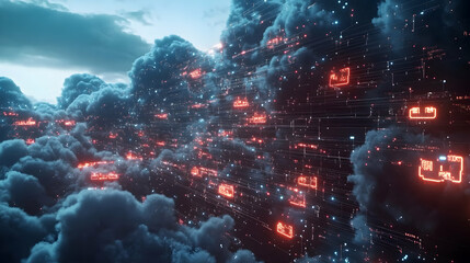 Naklejka premium Glowing red and blue digital clouds in a dense formation, symbolizing cloud-based data systems and urban integration.