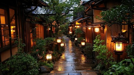 Fototapeta premium Tranquil Japanese Street Scene at Night with Rain-soaked Pavement, Lush Greenery, Lanterns, and Traditional Wooden Houses Illuminated in Soft Light