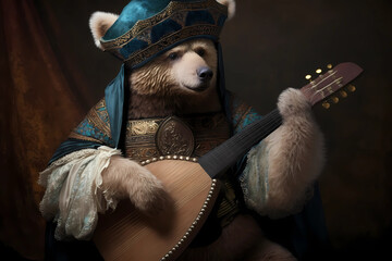Russian bear plays a musical instrument. AI generation