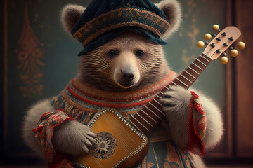 Russian bear plays a musical instrument. AI generation