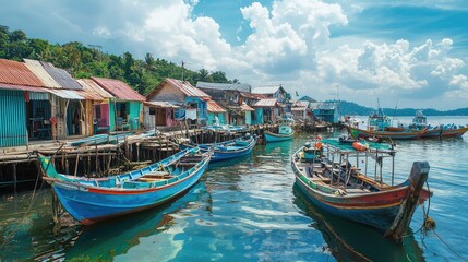 Obraz premium Vibrant Coastal Scene with Colorful Fishing Boats Docked by Rustic Wooden Houses Under a Bright Blue Sky and Fluffy Clouds