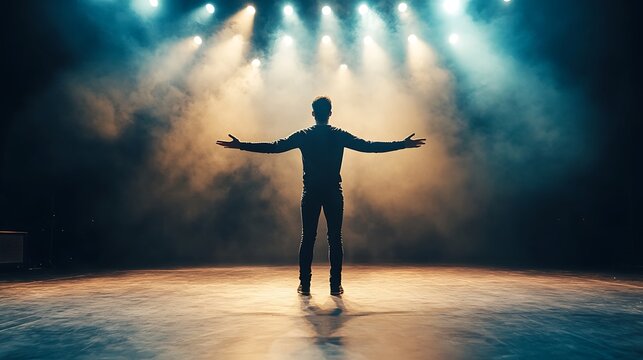 Man standing on stage in spotlight, arms outstretched.