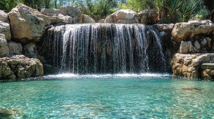 Naklejka premium Scenic Waterfall Cascading Over Rocks into a Serene Turquoise Pool Surrounded by Lush Greenery and Wild Plants Under a Clear Sky