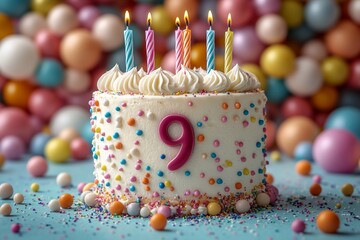 A bright, cartoonish birthday cake with colorful candles on a festive background. Fun elements, cute details, and space for text. Sweet birthday cake with number 9 on top on light colorful background