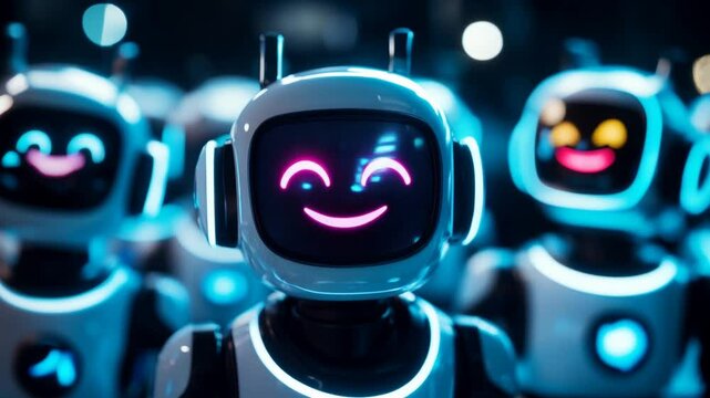 Smiling futuristic robots with colorful LED faces in group setting. Depicts advanced AI emotions and humanized technology trends in robotics