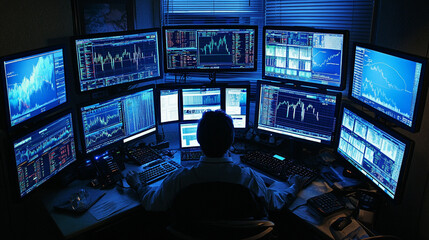 Naklejka premium Stock Trader Workstation Multiple Monitors Financial Data Night Work Blue Light Chart