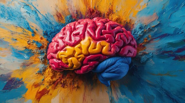 A vibrant model of a human brain rests on a canvas of bold, multicolored paint. The colors burst outwards creating a dynamic and artistic image.