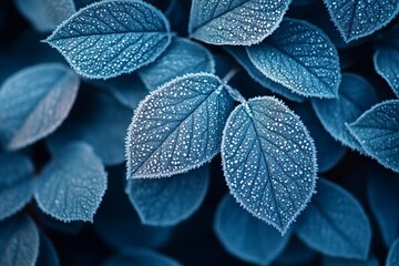 Obraz premium A close-up of frosty leaves in the winter, covered in delicate ice crystals, evoking a chilly atmosphere.