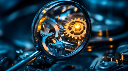 A close-up of metallic golden gears under a magnifying glass, showcasing industrial engineering and precision mechanics.