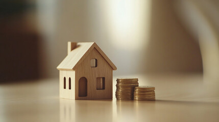 Wooden House Model with Coin Stacks  Homeownership  Savings  Finance  Real Estate