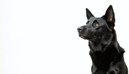 Fototapeta premium Black dog close-up portrait in high resolution on simple white background. Place for text.