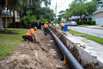 Construction workers are installing a pipeline in a trench on a construction site in an urban setting. Repair concept