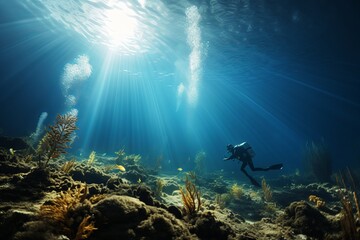 Obraz premium Diving beneath the waves exploring coral reefs in a tranquil underwater paradise. Generative AI