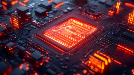 Fototapeta premium A glowing red microprocessor embedded on a circuit board, symbolizing advanced computing power and futuristic technologies.