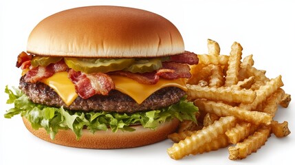 A delicious burger with bacon, cheese, pickles, and lettuce, served with crinkle-cut fries.