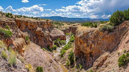Obraz premium Breathtaking Scenic View of Arid Canyon Landscape Under Dramatic Clouds with River Flowing Through the Valley Amidst Green Vegetation and Rocky Terrain