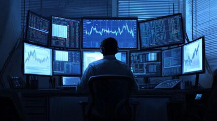 Fototapeta premium Night Trader Stock Market Data Analysis Financial Technology Cryptocurrency Investment
