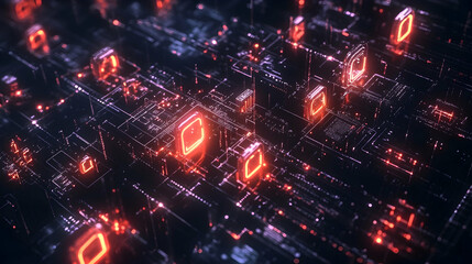 Fototapeta premium A glowing red shield with data encryption symbols, symbolizing robust cybersecurity on a futuristic digital network.