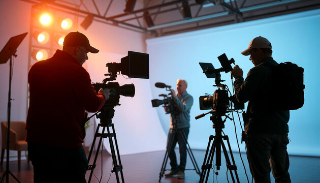 Film crew team lightman and cameraman working in studio