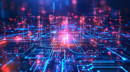 Fototapeta premium A glowing neon blue and pink digital cityscape symbolizing data flow, innovation, and connected systems.