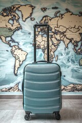 Travel restrictions updates display with suitcase, chic contemporary style, eco-friendly fabric, front view focus, with world map mural in soft pastel colors background.