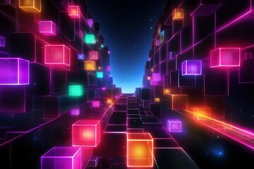 Obraz premium Colorful neon cubes illuminating a virtual pathway through darkness at night. Generative AI