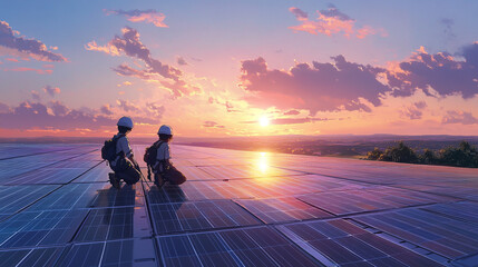 Sunset Solar Panel Energy Workers Technicians Renewable Power