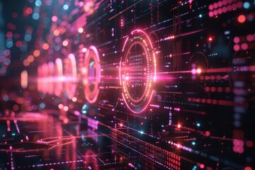 Obraz premium Abstract digital design featuring vibrant neon circles and data patterns.