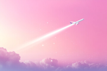 Fototapeta premium Airplane flying through colorful clouds at sunset, leaving a trail against a pink sky
