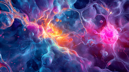 Obraz premium Colorful 3d rendering of microscopic cells, highlighting molecular structures, and vibrant cellular activity in a scientific illustration. Plasma. Illustration