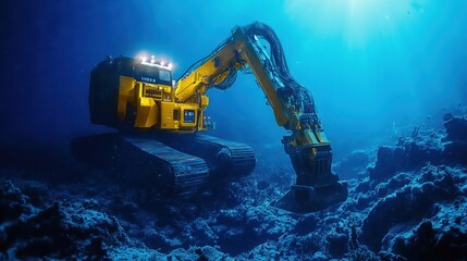 Underwater excavator digging in ocean seabed.