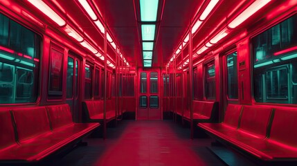 Subway car seeing from inside, with all the walls and floor in red