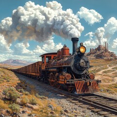 A vintage steam locomotive chugs along a scenic railway through a mountainous landscape.