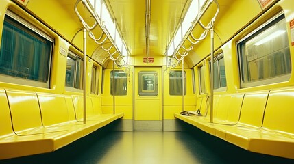 Fototapeta premium Interior of a subway car in yellow, nobody.