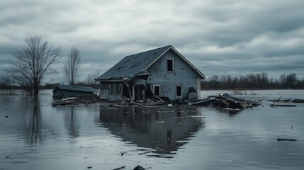 Abandoned house in flooded landscape with overcast sky