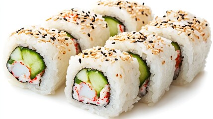 A gourmet sushi roll sliced into pieces.