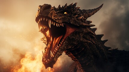 Fototapeta premium Majestic dragon unleashes fiery roar against a dramatic sunset backdrop. Generative AI
