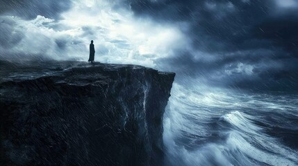 Mysterious Figure Standing on the Edge of a Rocky Cliff During a Stormy Night with Dark Clouds and Turbulent Sea Waves Crashing Below
