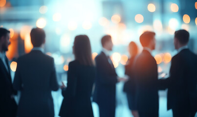 A blurred networking event with business professionals in formal attire, gathered in a modern office or event space, engaging in conversation
