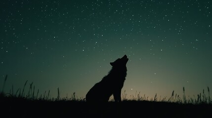 Majestic Wolf Howling Under a Starry Night Sky with Vibrant Celestial Background and Silhouetted Grass in the Foreground