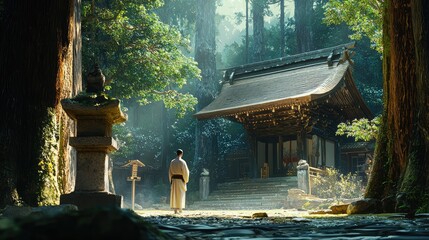 Serene Pathway to a Tranquil Shrine Surrounded by Lush Forest and Soft Sunlight, Invoking Peace and Spiritual Reflection in Nature's Embrace