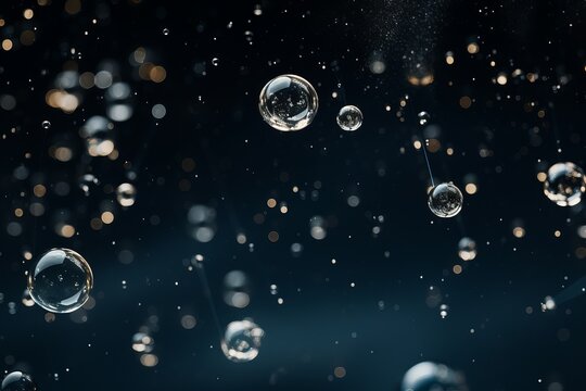 Dancing droplets suspended in a mystical dark backdrop filled with light. Generative AI