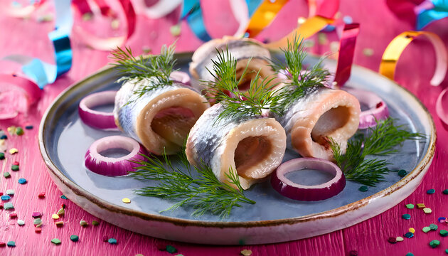 rollmops, kater, fr&uuml;hst&uuml;ck, katerfr&uuml;hst&uuml;ck, essen, teller, karneval, neu, close up, k&ouml;ln, hering, dill, zwiebel, matjes, meeresfr&uuml;chte, fisch, zwiebeln, feinschmecker, modern, konfetti, rosenmontag, 