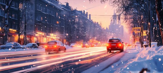Fototapeta premium Snowy City Street at Dusk with Cars and Light Trails