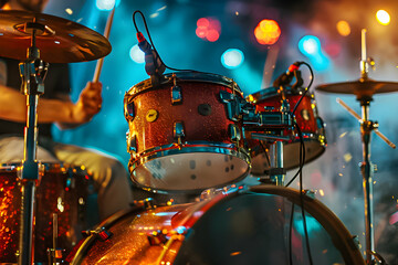 Close-up of a drum kit with vibrant lights and a musician playing during a live performance.