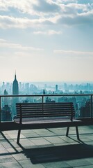 Naklejka premium Cityscape View with Empty Bench Overlooking Urban Skyline, Dramatic Clouds, and Iconic Skyscrapers at Dusk, Perfect for Lifestyle and Travel Themes