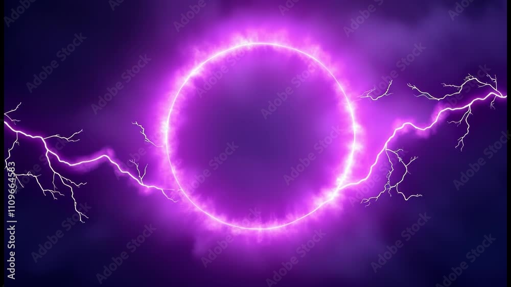 Poster purple abstract plasma lightning ring with glowing particles swirling in dark sky fantasy concept ar