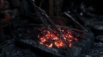 Glowing metal tongs heating in a blacksmith's forge.